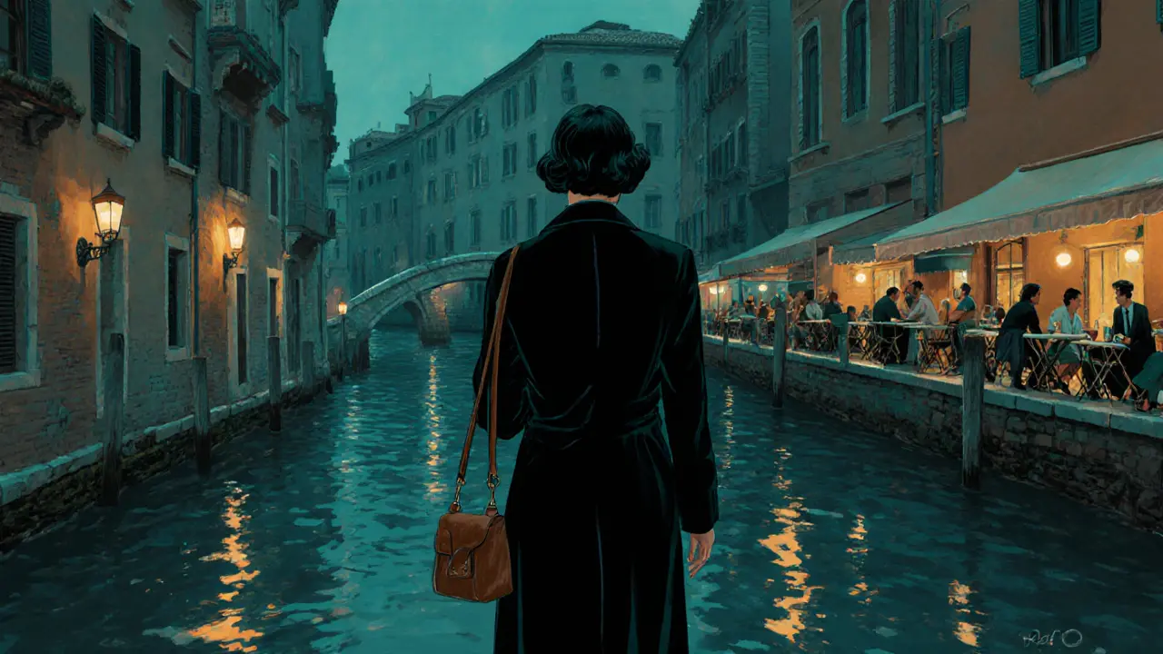 A woman walking alone along the Navigli canals at dusk, dressed in a tailored coat, city lights reflecting on the water.
