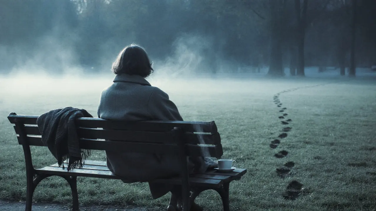An empty bench in Tiergarten at dawn holds a coffee cup and scarf, suggesting a recent, meaningful presence.