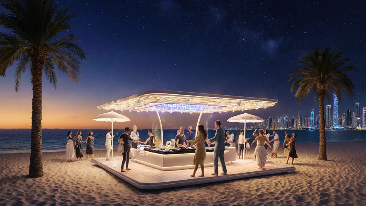 Beachfront Cielo Dubai club with guests dancing under neon lights and palm trees, ocean waves in the background under a starry sky.