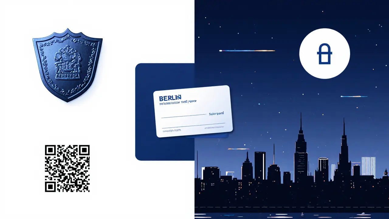 Collage of legal documents, safe-word note, and Berlin night skyline.