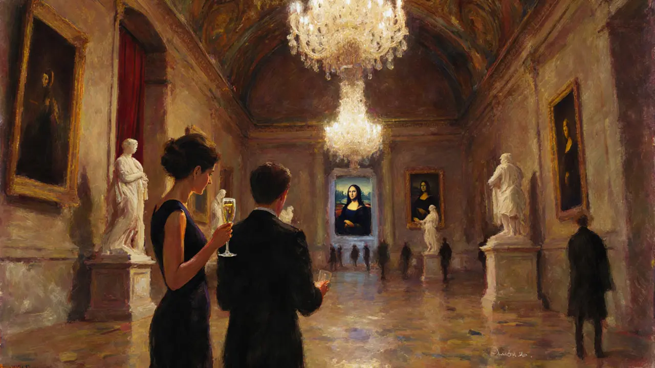 Companion and client enjoying a private after‑hours Louvre tour with champagne.