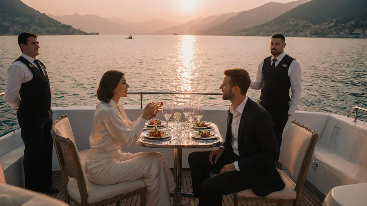 Couple dining on a private yacht on Lake Como at sunset with fine dining.