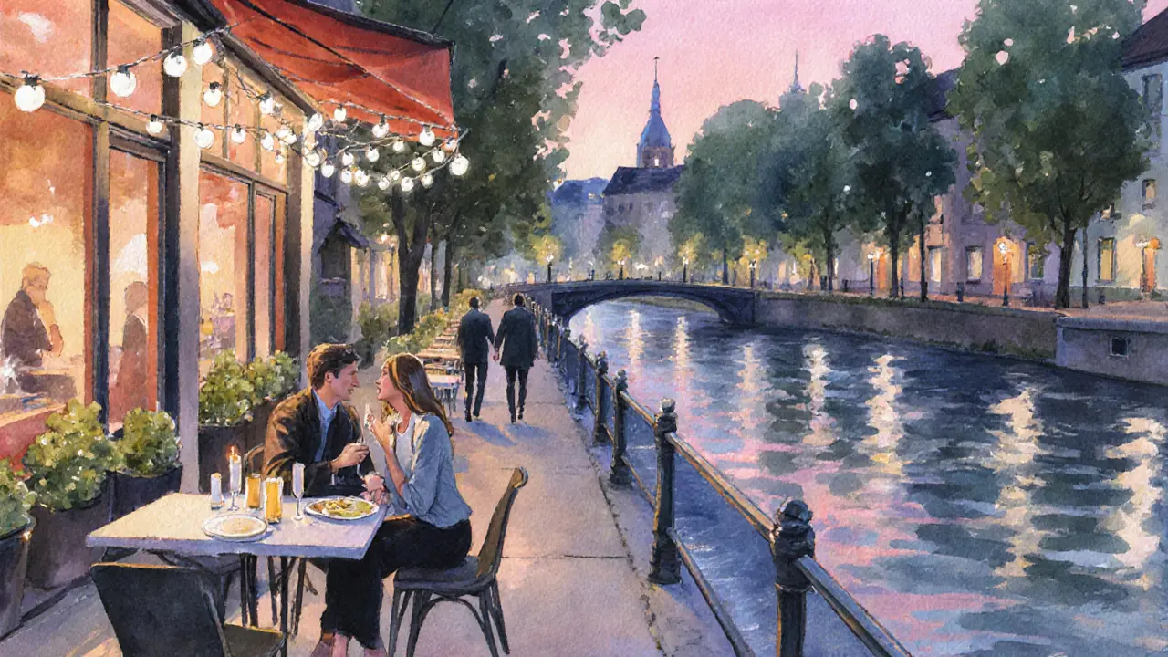 Couple sharing dinner and walking by the Spree at twilight.
