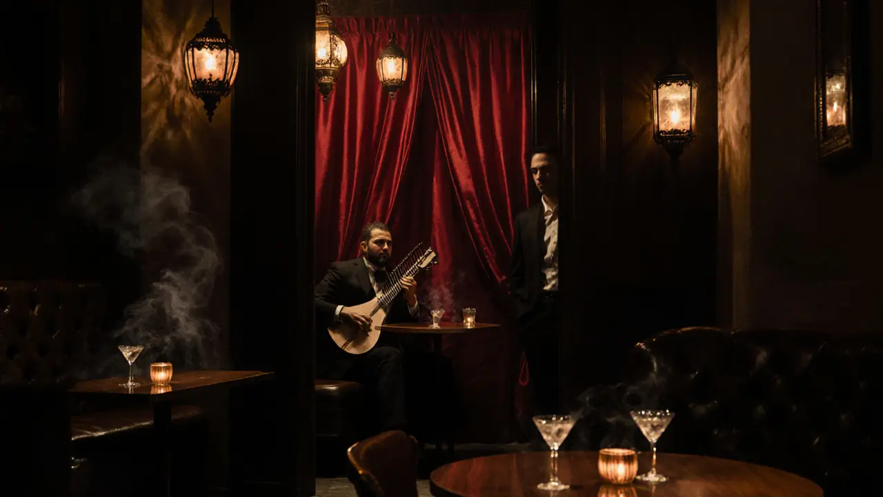 Cozy hidden speakeasy behind silk curtain with amber lighting and oud player.