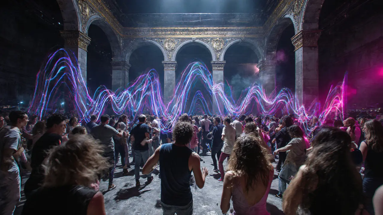 Crowd dancing in a massive warehouse club with gold ceiling moldings and pulsing lights under industrial ceilings.