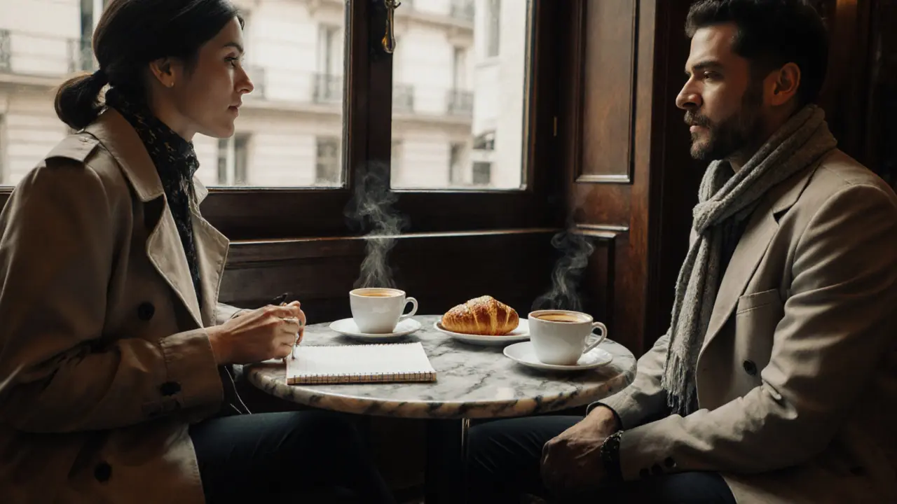 Discreet coffee meeting in a stylish Paris café.