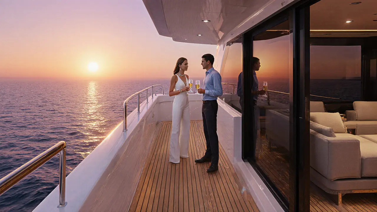 Elegant escort and guest sharing champagne on a private yacht at sunset.