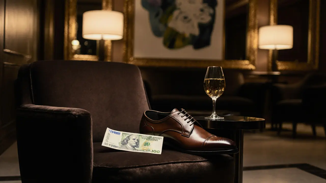 Empty luxury hotel lobby with dress shoes and a banknote on an armchair, wine glass beside them, soft lighting, no people.