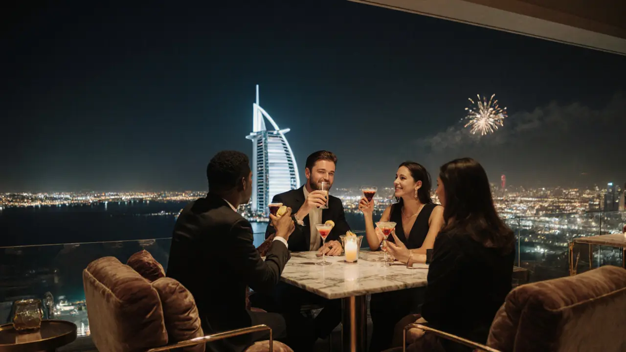 Friends enjoying cocktails on Skyview Bar terrace with Burj Al Arab and city lights.