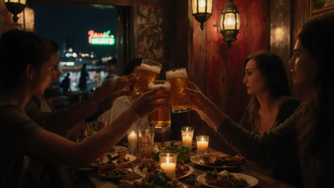 Friends sharing Rakı and meze in a cozy meyhane with warm candlelight.