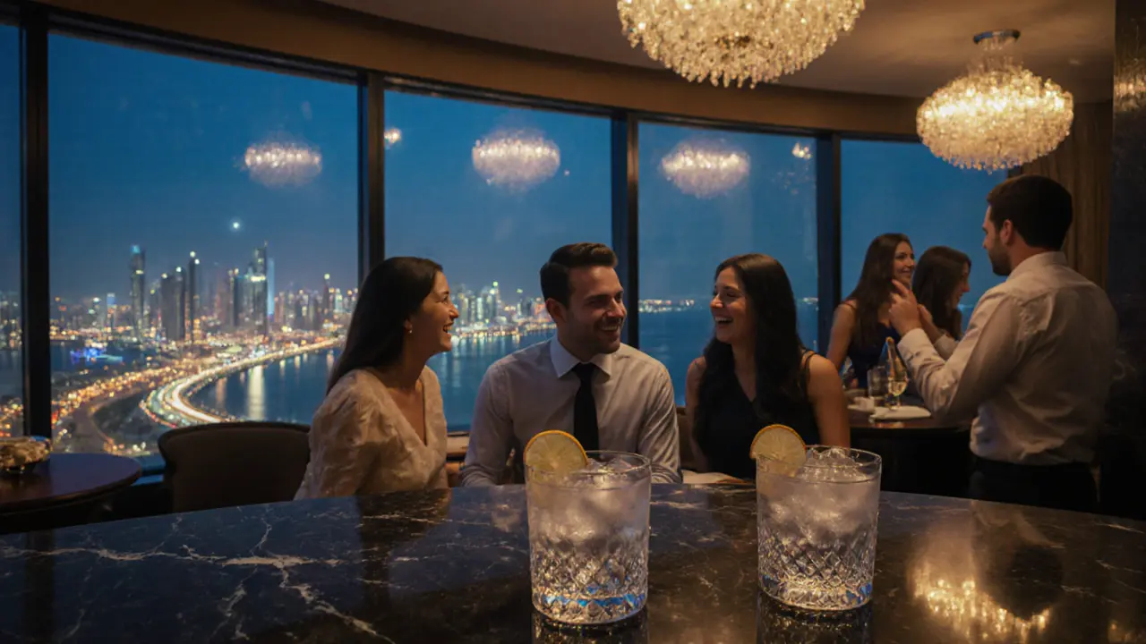 Guests enjoying cocktails at Etihad Towers Sky Lounge with panoramic city view.