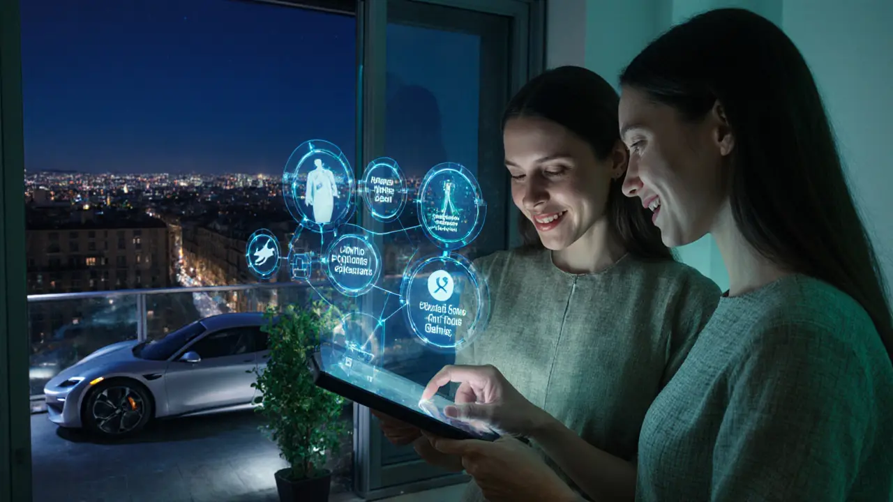 High‑tech loft scene with AI itinerary, eco‑friendly garden, and electric car.