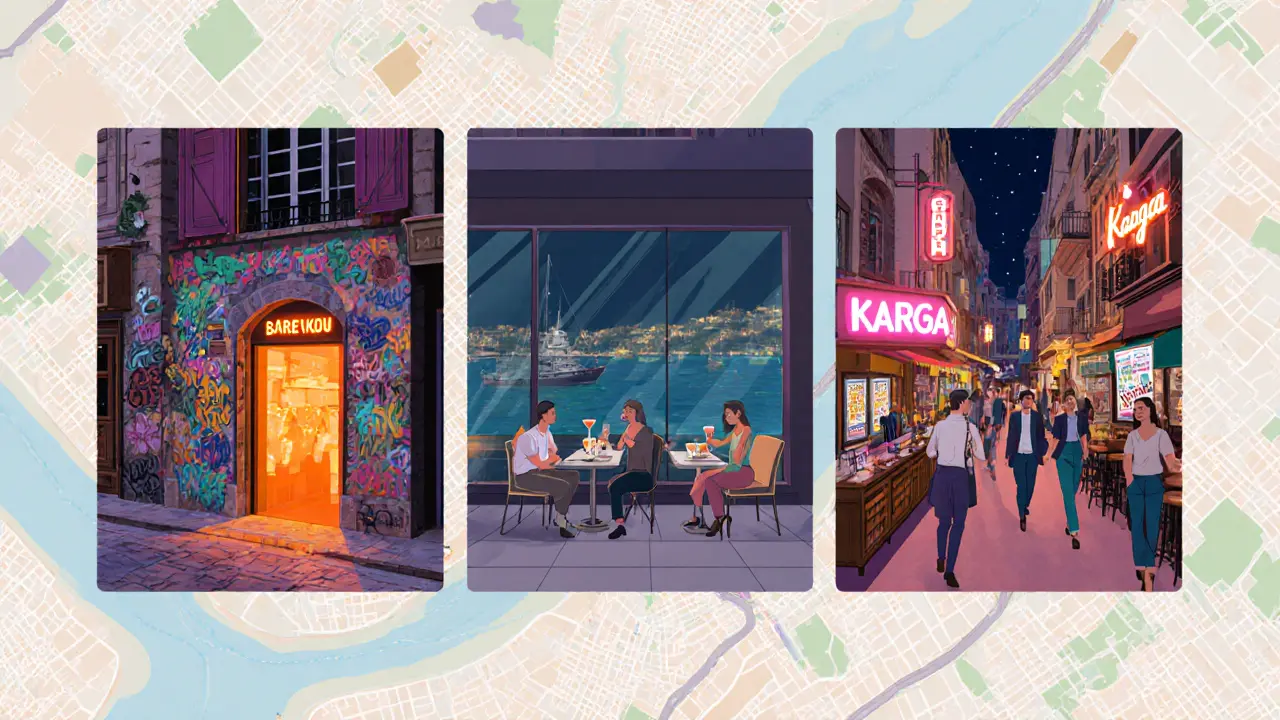 Illustrated collage of Beyoğlu, Karaköy, and Kadıköy nightlife scenes.