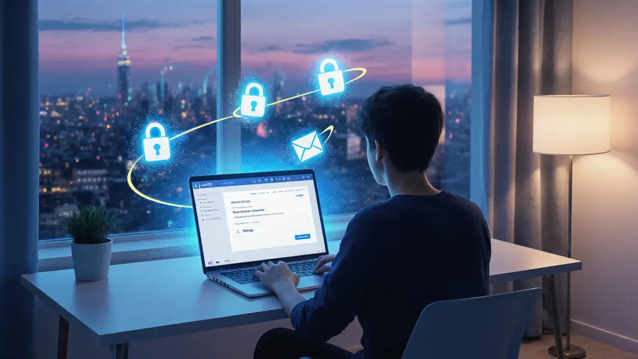 Illustration of a person using a secure laptop with floating encryption icons in a city apartment.