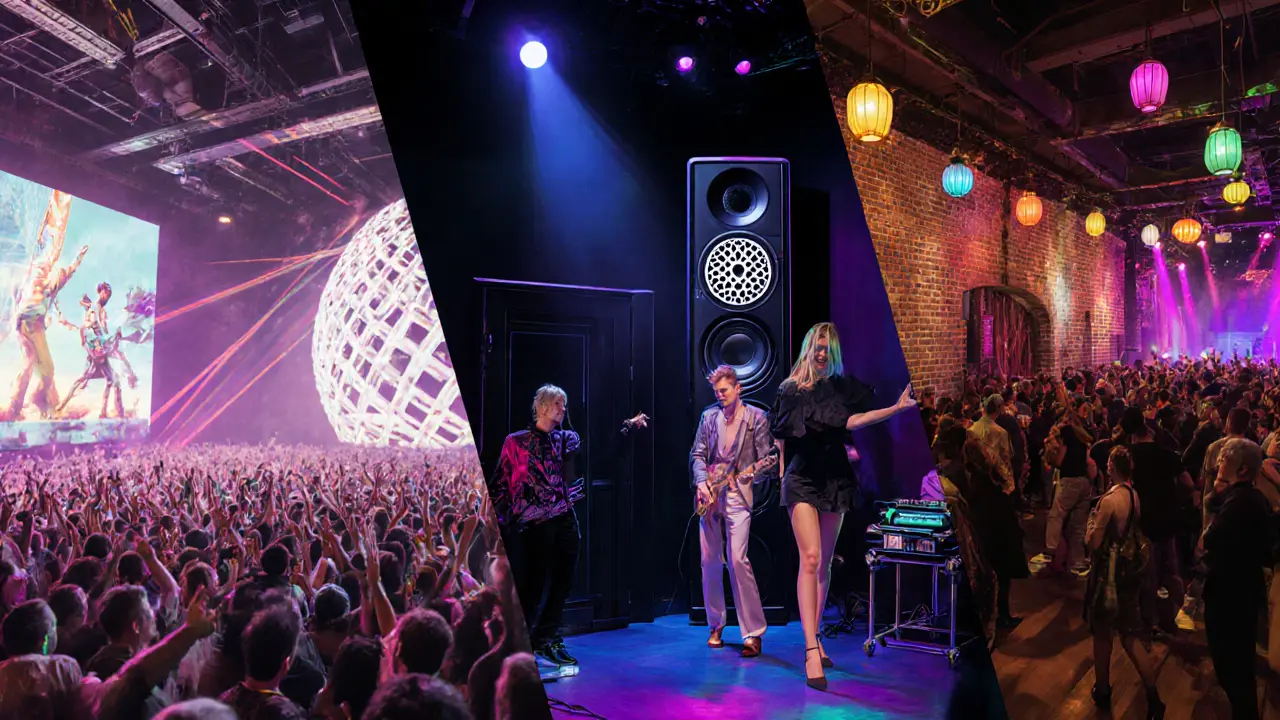 Illustration of Fabric, Ministry of Sound, and XOYO clubs showing interiors and dancing crowds.