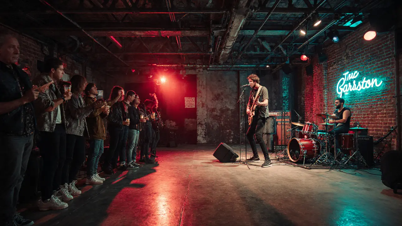 Industrial‑chic interior of The Garrison with an indie band performing.