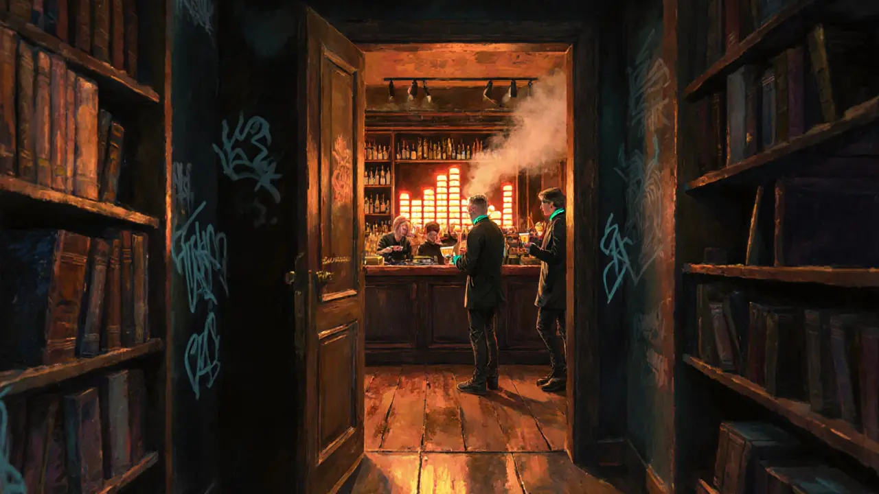 Inside a hidden speakeasy behind a bookshelf, warm lighting and stylish patrons.