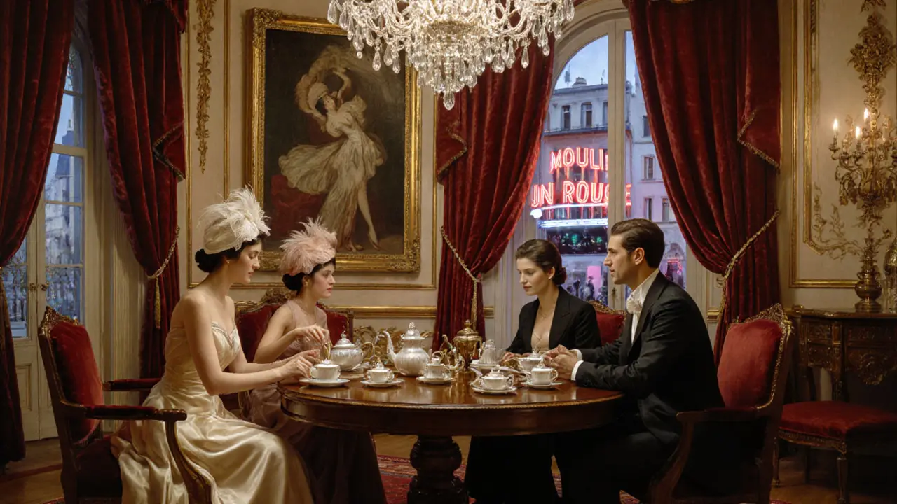 Luxurious Belle Époque brothel interior with escorts serving an aristocratic couple under chandelier light.