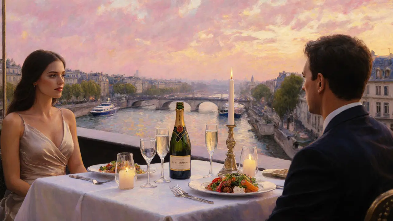 Luxurious rooftop dinner with candlelight and city views.