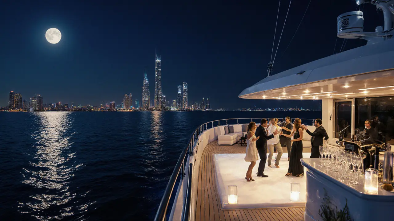 Luxury yacht at night with a deck dance floor, champagne bar, and Abu Dhabi skyline.