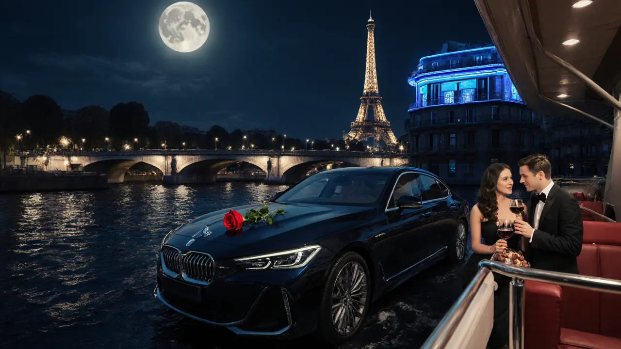 Moonlit Seine cruise with luxury car, roses, and a rooftop jazz club backdrop.