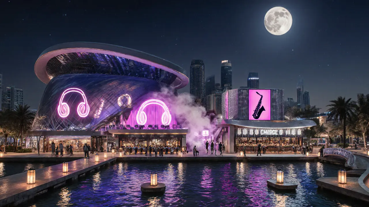 Multi-venue nightlife complex glowing with themed lights under one expansive roof.