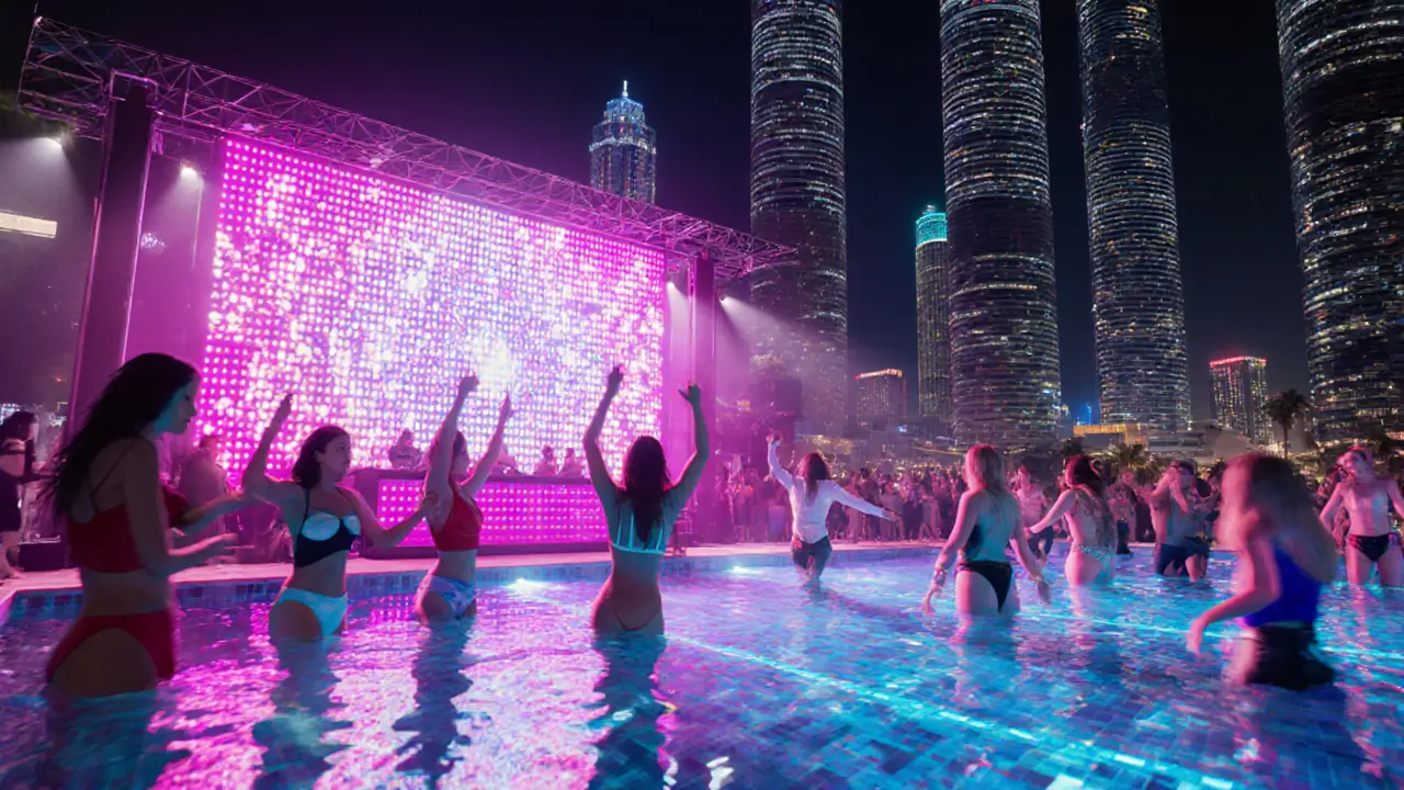 Nighttime pool party at Billionaire Mansion with neon lights and dancing crowd.