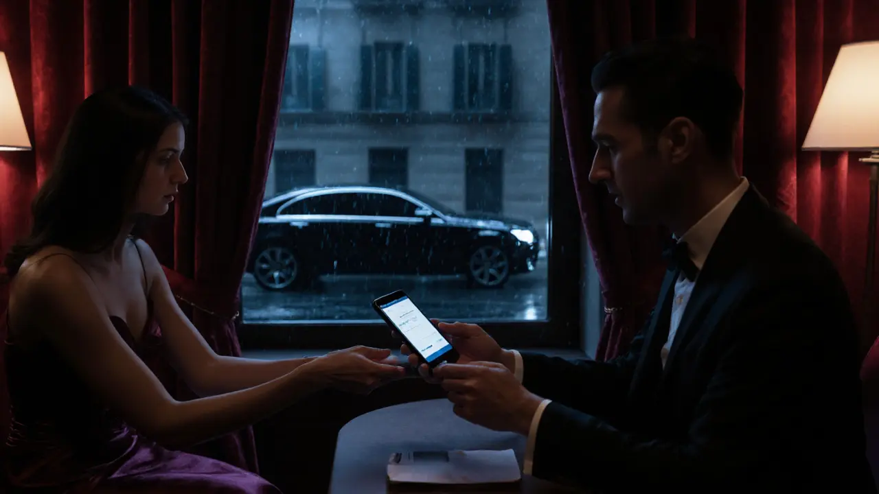 Noir scene of a client and companion exchanging a virtual credit card in a dim suite.