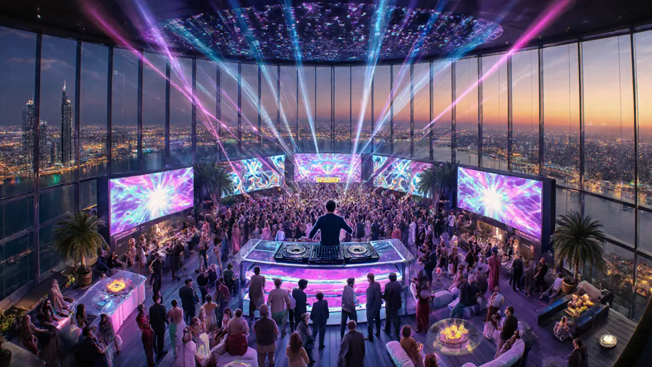 Rooftop EDM lounge on Etihad Towers with sunrise city view.
