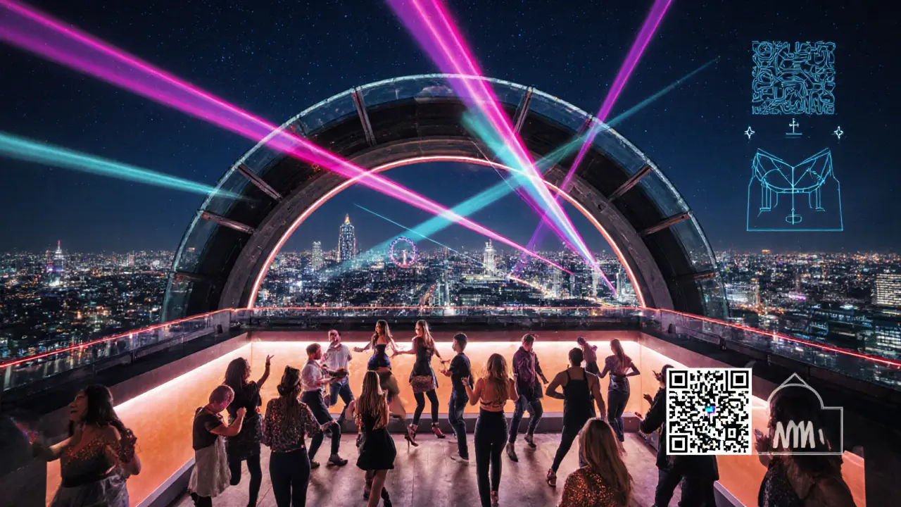 Rooftop party with laser lights, city skyline, and dancing crowd at night.
