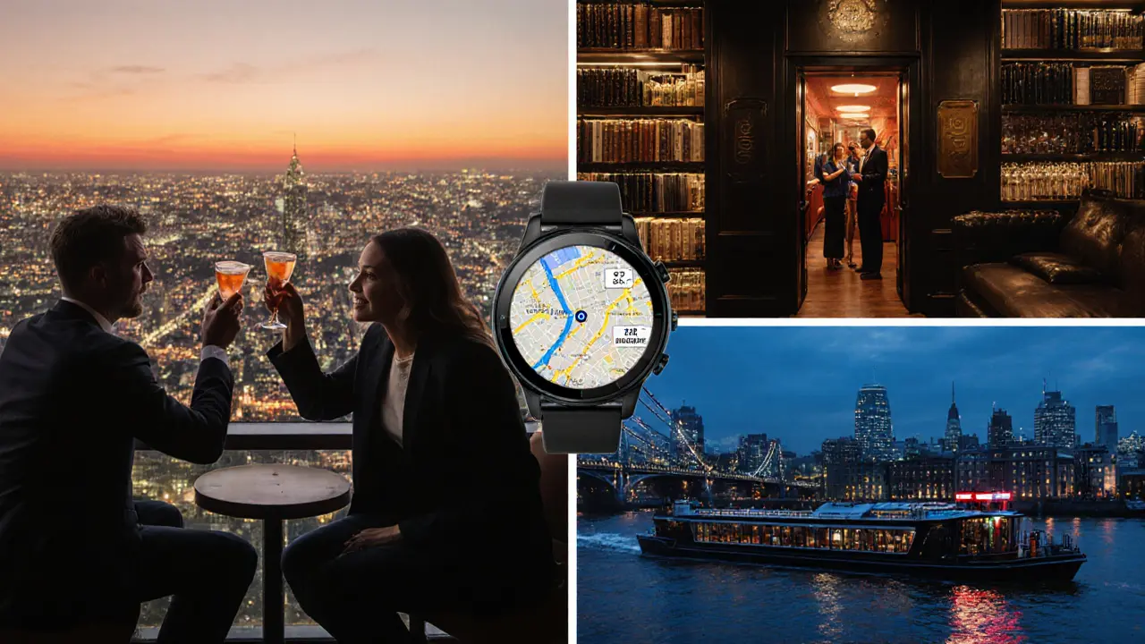 Scene of rooftop cocktail, hidden speakeasy entrance, and Thames night cruise with city view.