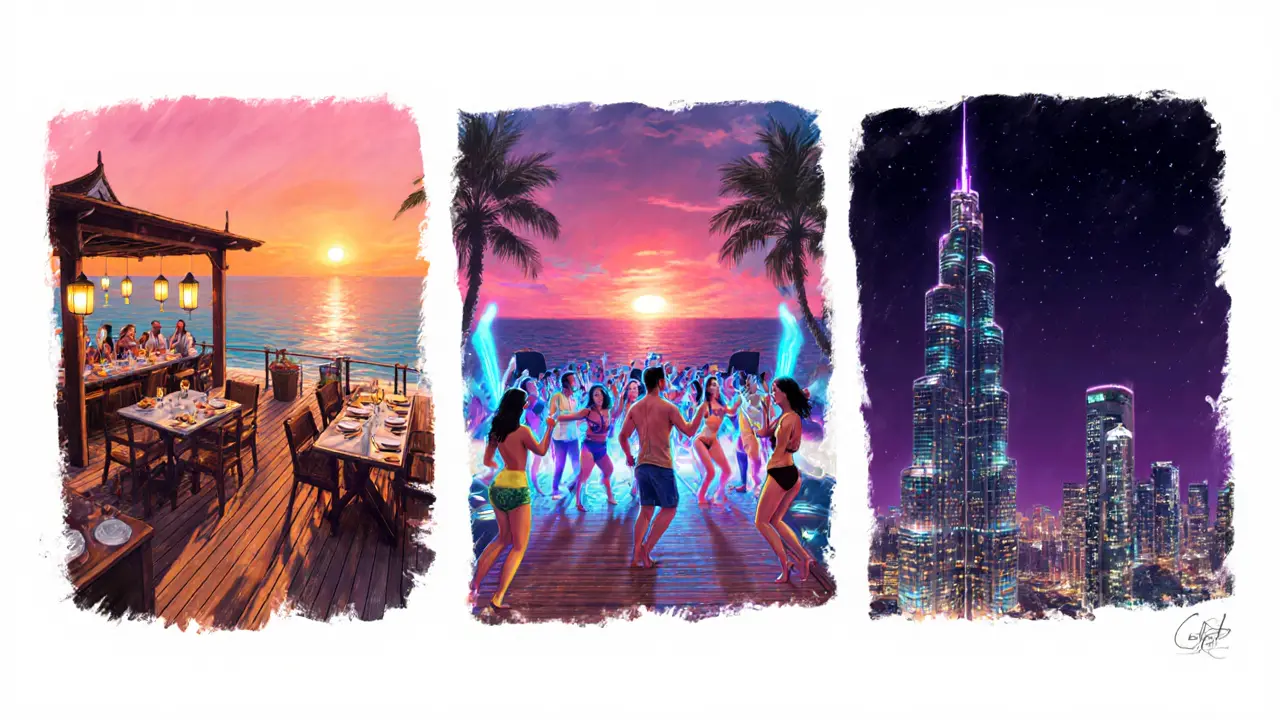 Scene sequence of beach dinner, DJ pier, and rooftop bar illustrating a night out.