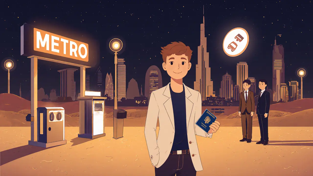 Solo traveler with ID at a Dubai club entrance, metro sign, and safety cues.