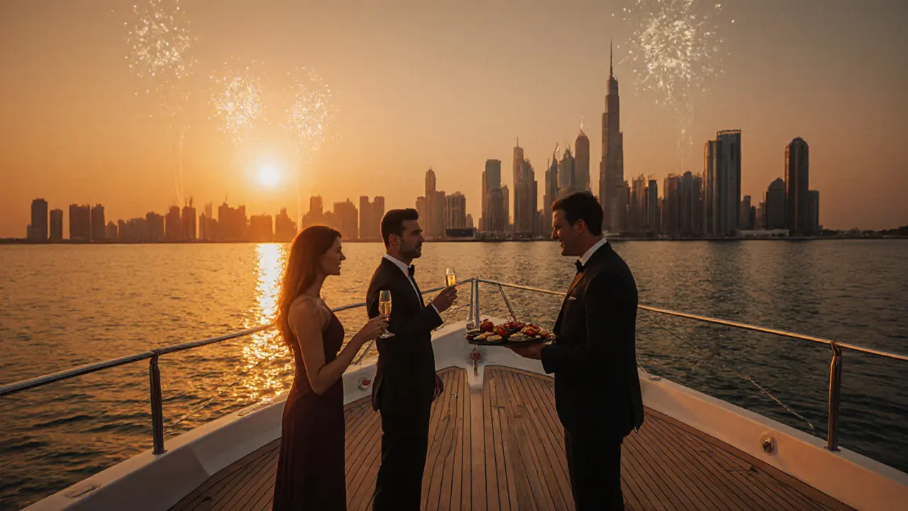 Sunset yacht with a couple, escort, and champagne on deck near Saadiyat Island.
