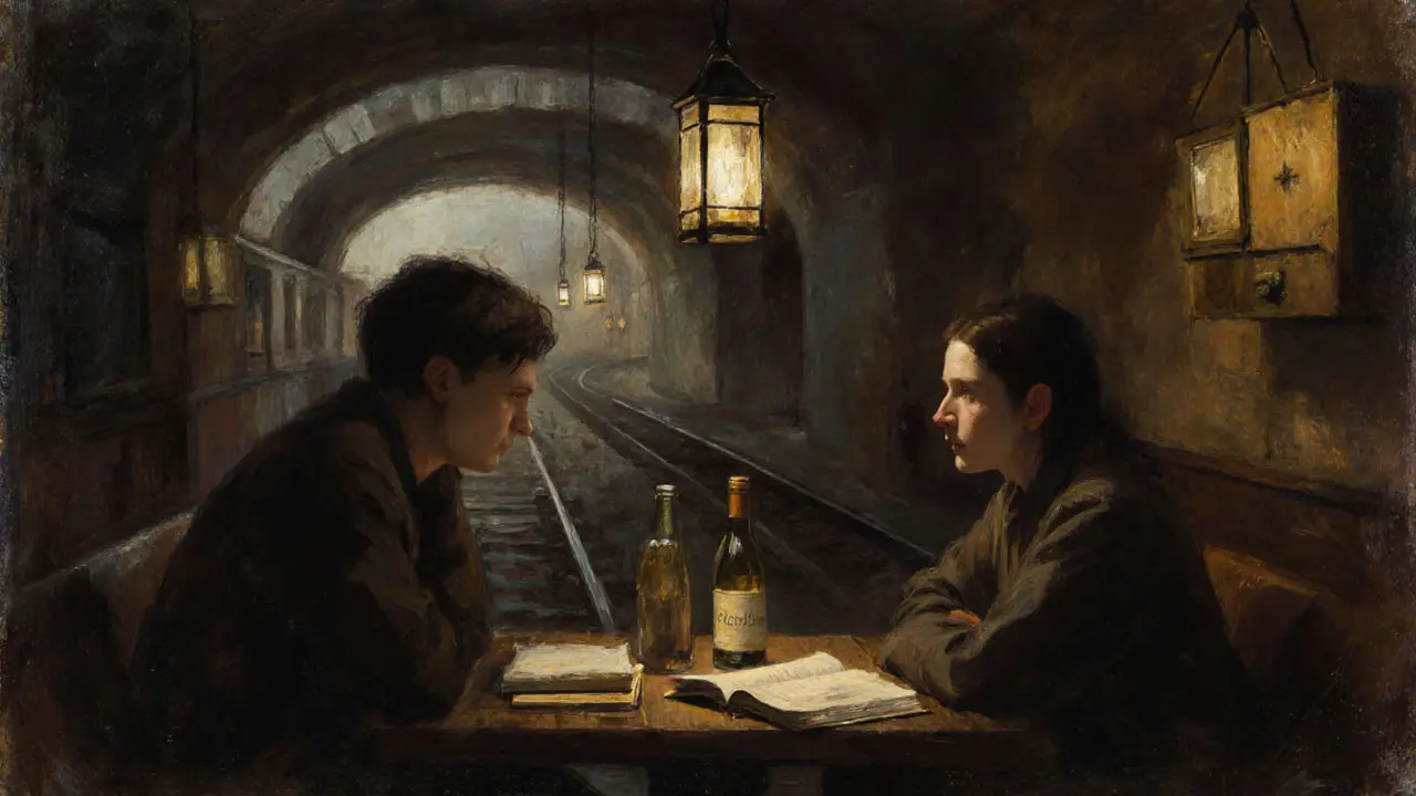Two people share a quiet moment in a hidden Berlin wine bar, sipping wine and talking softly.