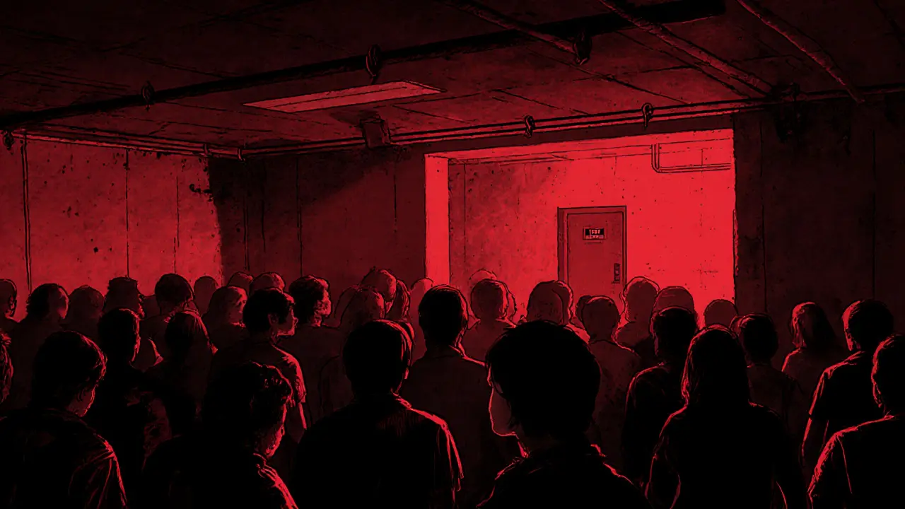 Underground club with strobe lights and crowd lost in deep bass, industrial vibe.