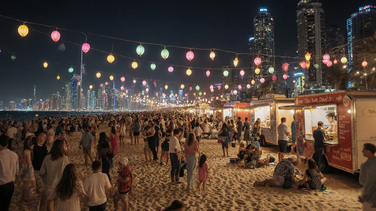 Vibrant crowd at The Beach at JBR enjoying food trucks and live music under string lights, with Dubai&#039;s skyline glowing in the distance.