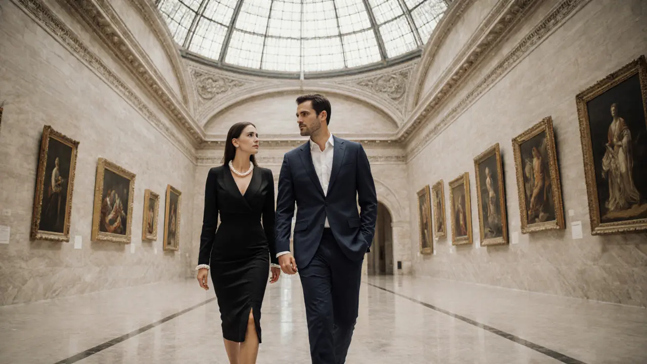 Well‑dressed escort guiding a guest through the Louvre Abu Dhabi gallery.