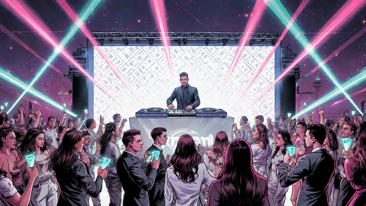 White Dubai rooftop club with LED wall, DJ, and energetic dancers in neon lights.