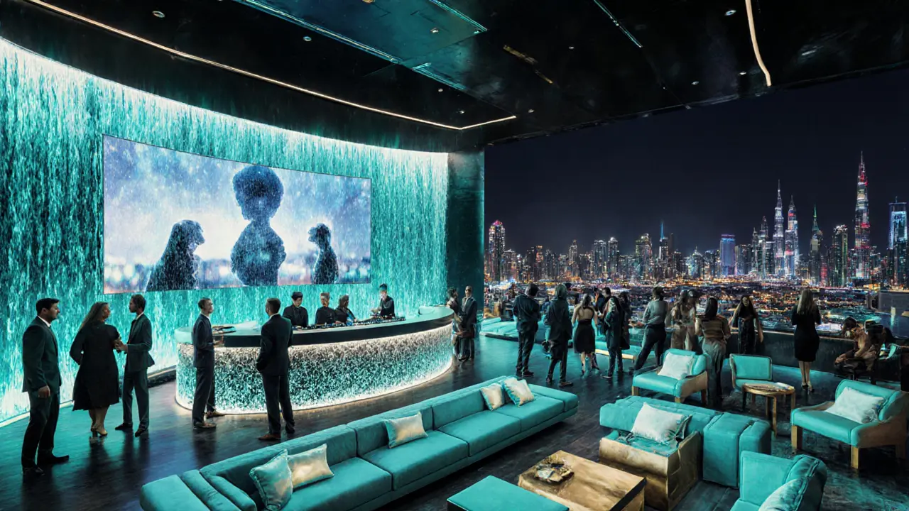 White Dubai superclub interior with LED screens, waterfall bar, and Marina view.