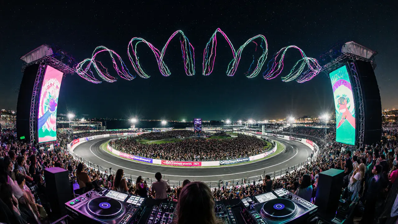 Yas Marina Circuit turned into a neon pop‑up club with dancing crowds and LED lights.