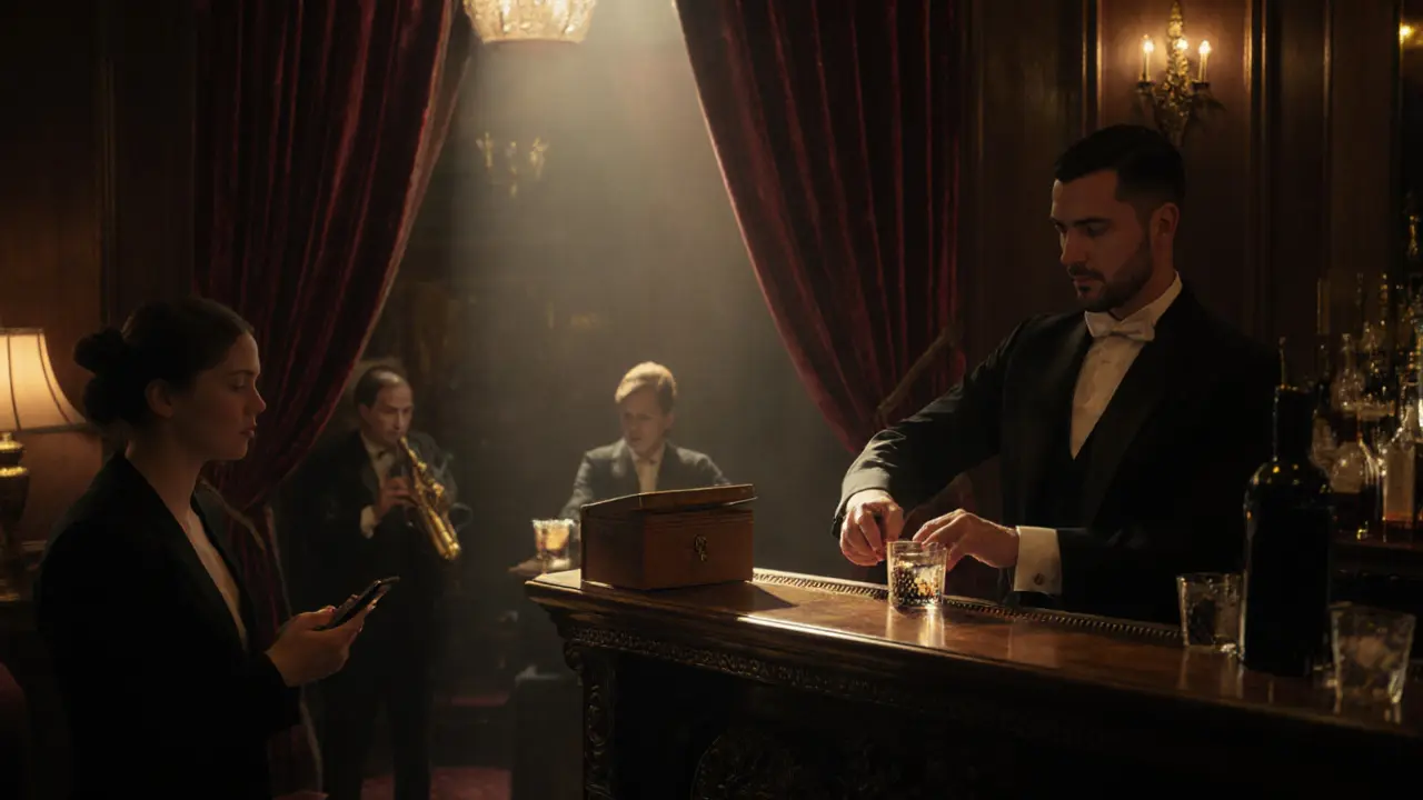 A 1920s-style underground lounge with velvet curtains and a jazz trio, a guest locking away their phone.