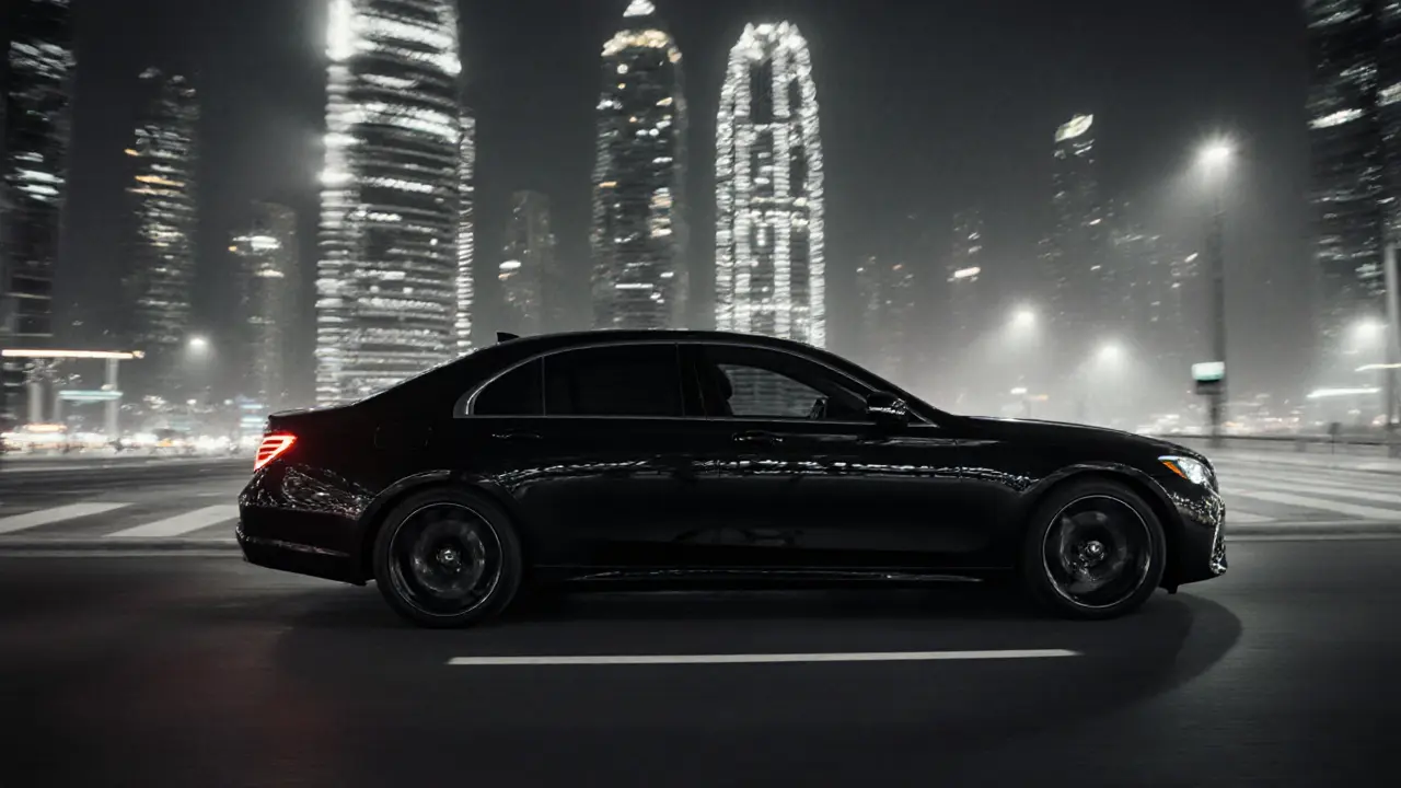 A black luxury car driving silently through Dubai&#039;s night skyline, windows tinted.