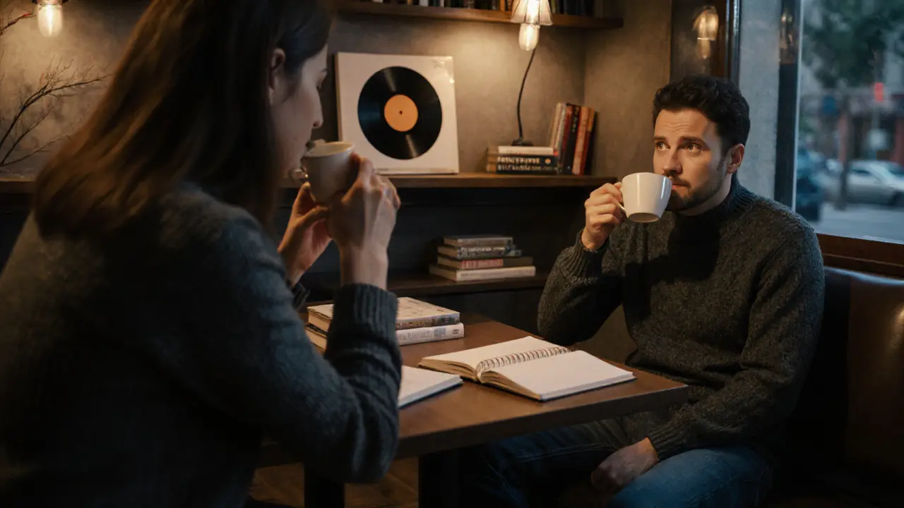 A client and escort sharing tea in a cozy Berlin café, vinyl record playing, books on the table, natural twilight lighting.