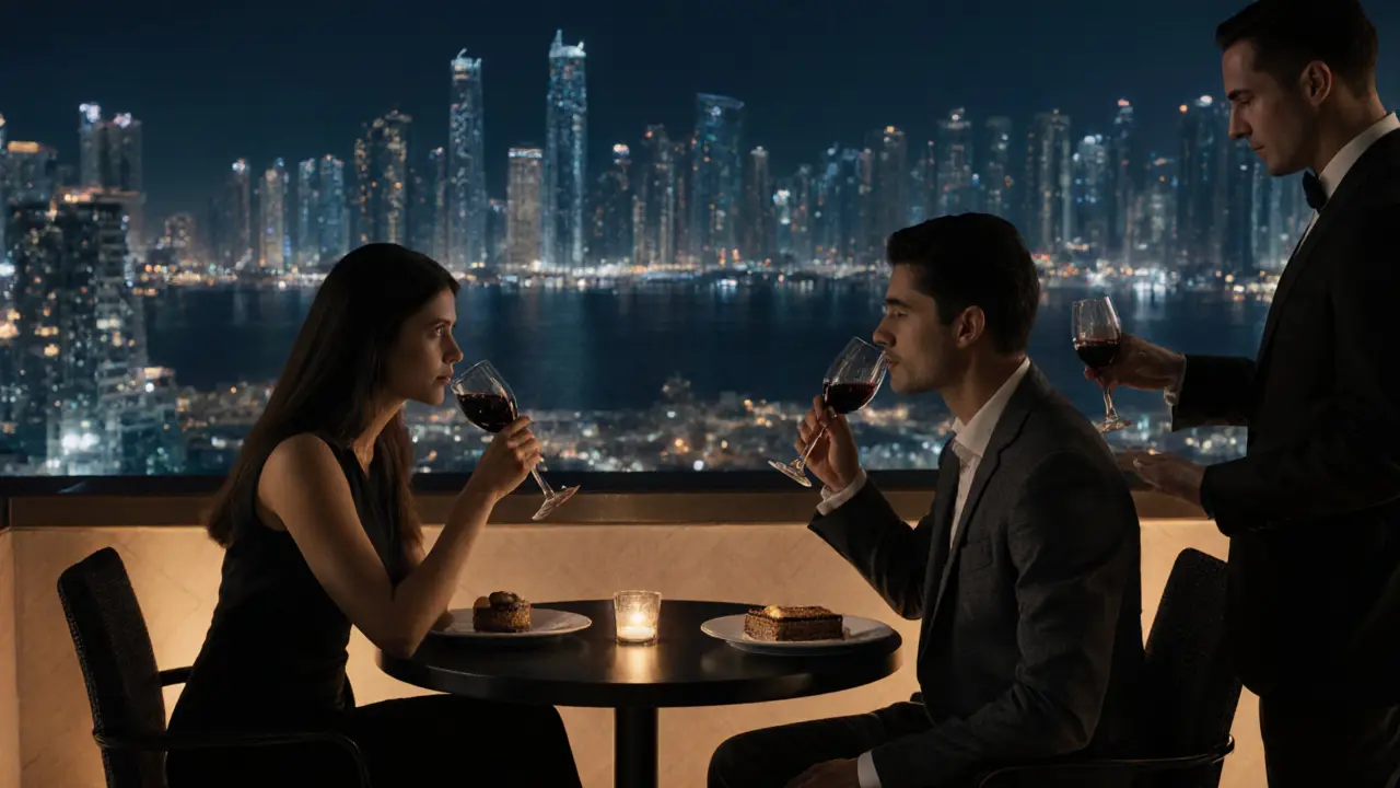 A couple engaged in quiet conversation on a Dubai rooftop lounge, surrounded by the city’s glittering skyline at night.