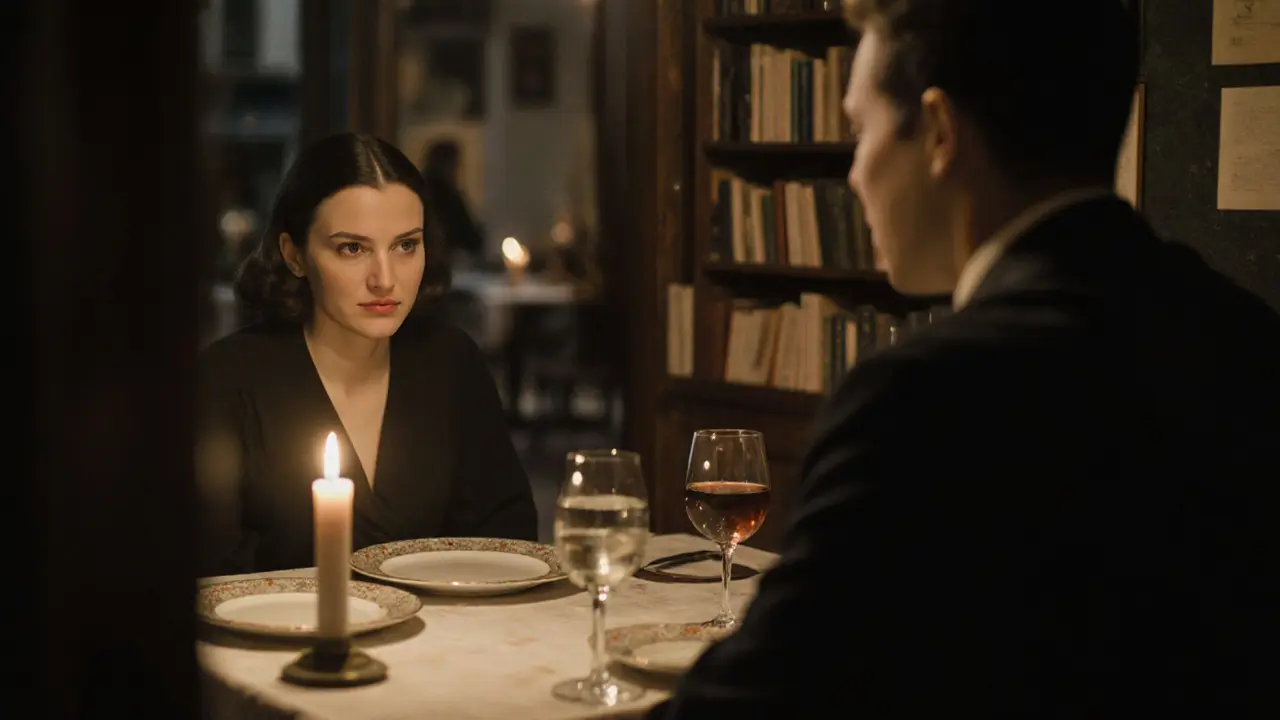 A couple shares a quiet candlelit dinner in a hidden Paris bistro, wine glasses and books on the table, warm lighting, intimate atmosphere.
