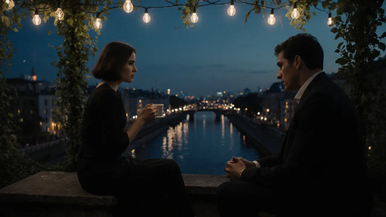 A couple sits on a rooftop garden at dusk, connected by silence under soft string lights.