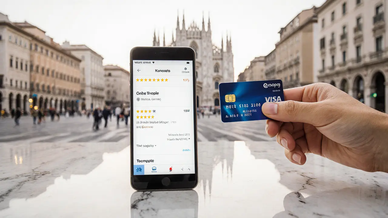 A credit card and hotel keycard placed beside a smartphone showing a confirmed booking with positive reviews.
