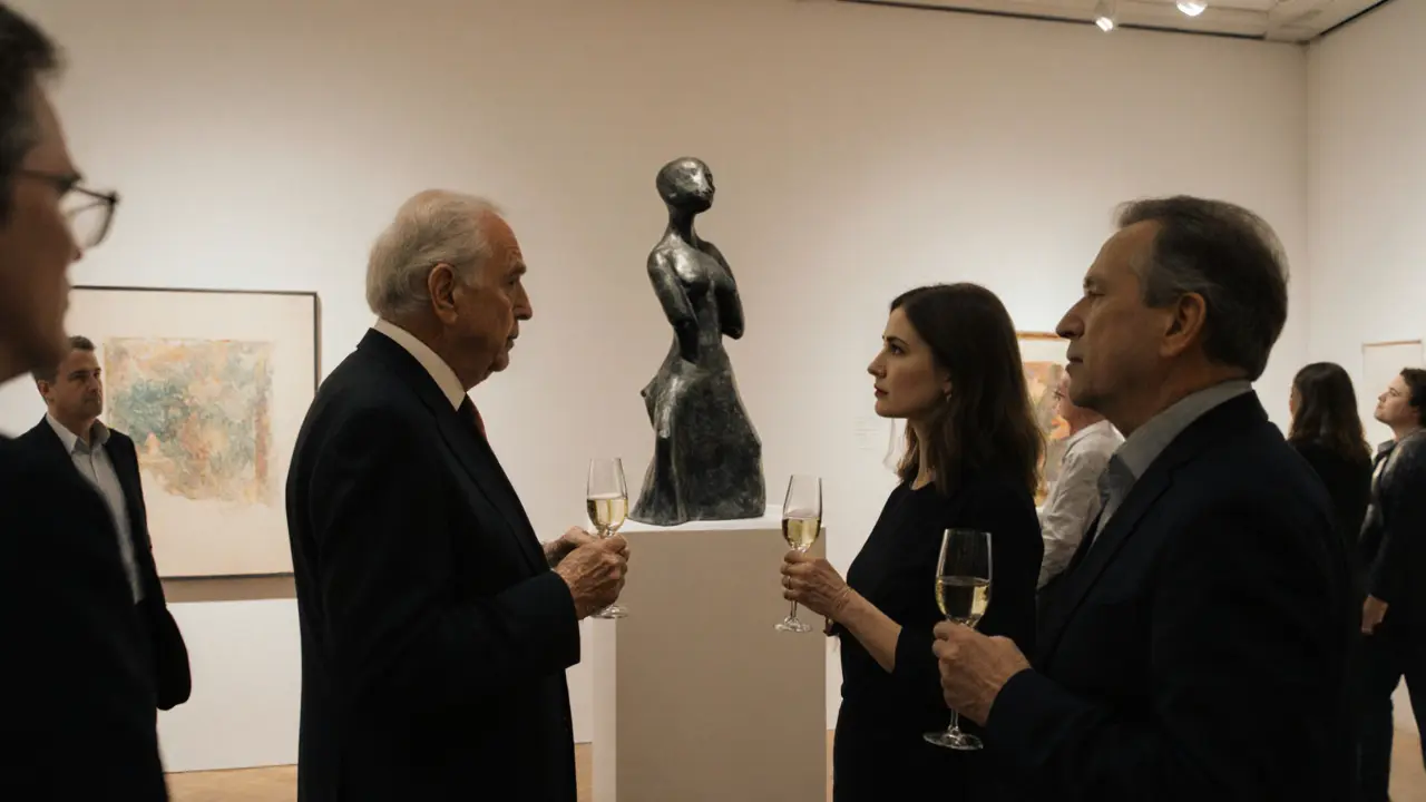 A cultural companion and an older client converse quietly at an art gallery opening in Milan.