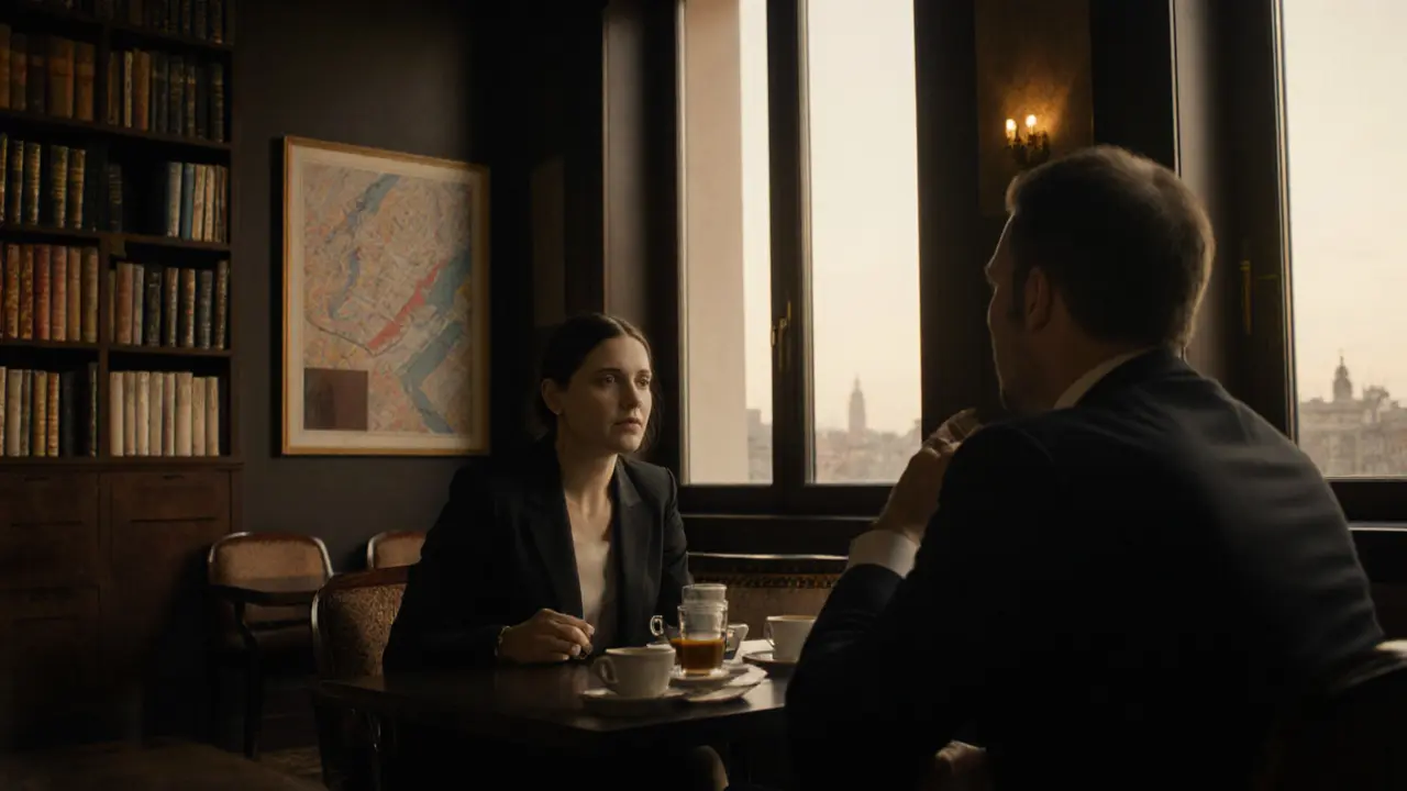 A cultural curator and client in a luxurious Milan lounge, immersed in thoughtful dialogue amid rare books and soft light.